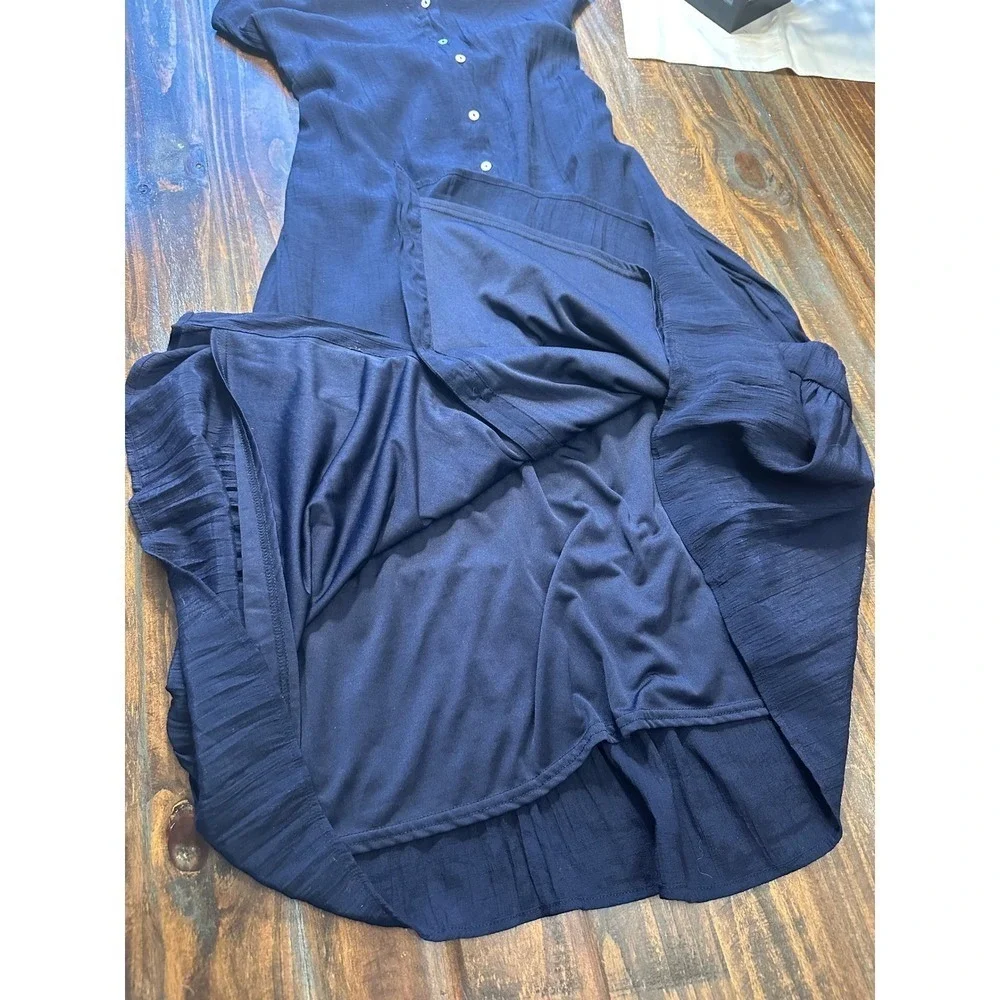 Nanette Lepore Dress Navy Blue Button Front Maxi Woman‎ Size 14 Tier Cottagecore